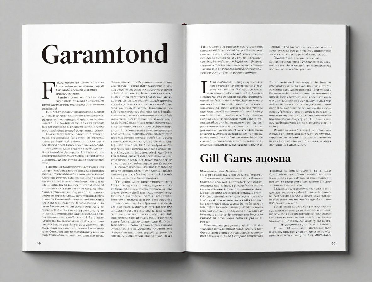 Разворот дизайн-журнала с гармоничным сочетанием шрифтов — заголовок Garamond и основной текст Gill Sans