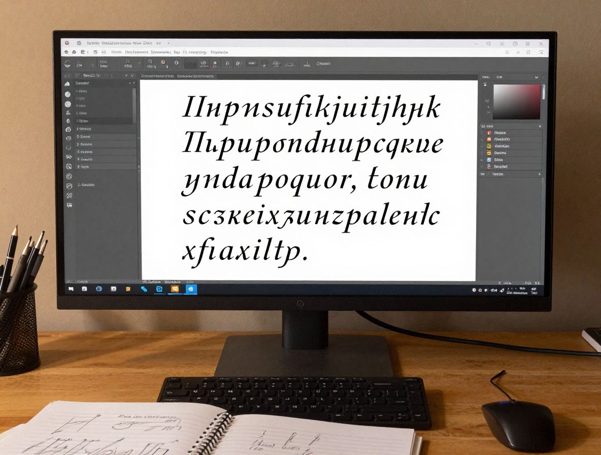 Профессиональная студия шрифтового дизайна: большой монитор с открытой программой Glyphs, скетчи букв на столе, тёплое студийное освещение