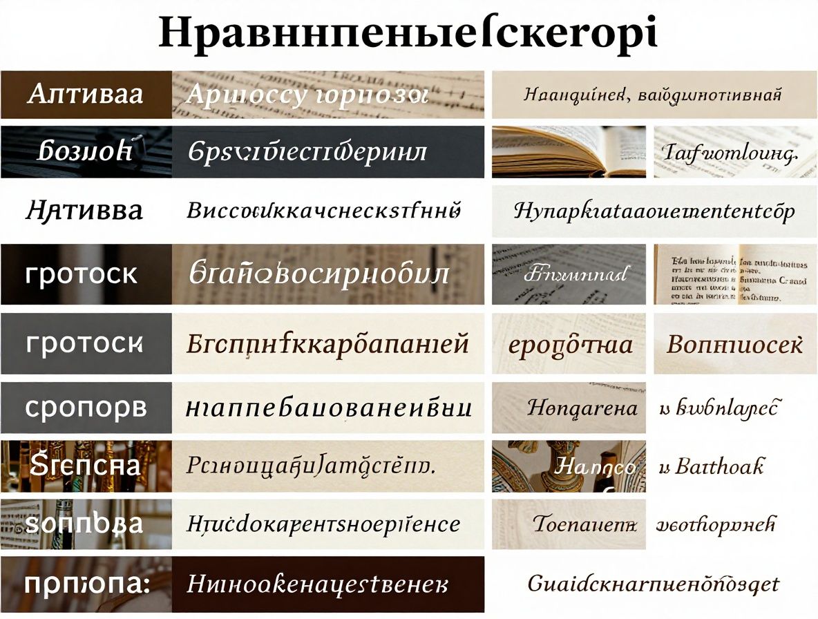 Сравнительная таблица образцов шрифтов разных категорий: антиква, гротеск, египетский, рукописный, напечатанная на высококачественной бумаге в типографии