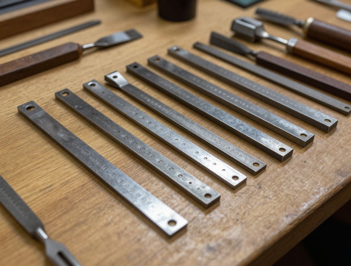 Старинные типографские инструменты: гравировальные резцы, металлические матрицы и пуансоны на деревянном рабочем столе мастерской